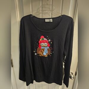 NWT Longsleeve Christmas Tee Embroidered Owl XL